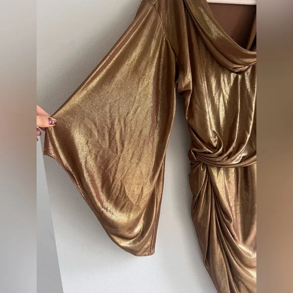 HALSTON Heritage Women’s Long Sleeve Gold Draped Dress size 2 - Picture 5 of 7